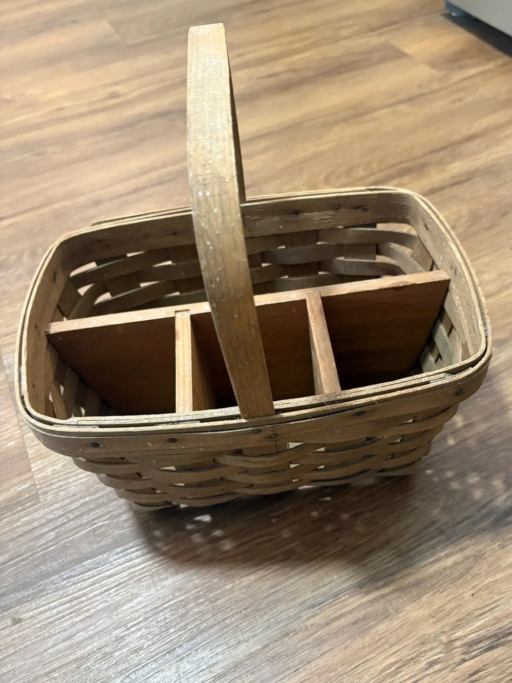 Longaberger Divided Basket Organizer Handwoven Wood Handle 3 Compartment Basket